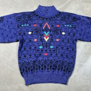 Vintage 80s David Brett Colorful Purple Mock Neck Sweater Medium shoulder pads